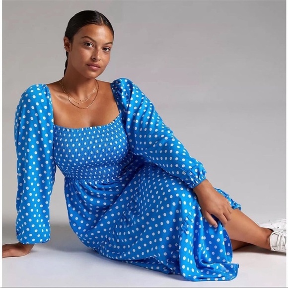 Anthropologie Dolan Laney Smocked Polka Dot Midi Casual Dress Blue size 2X - Picture 4 of 14